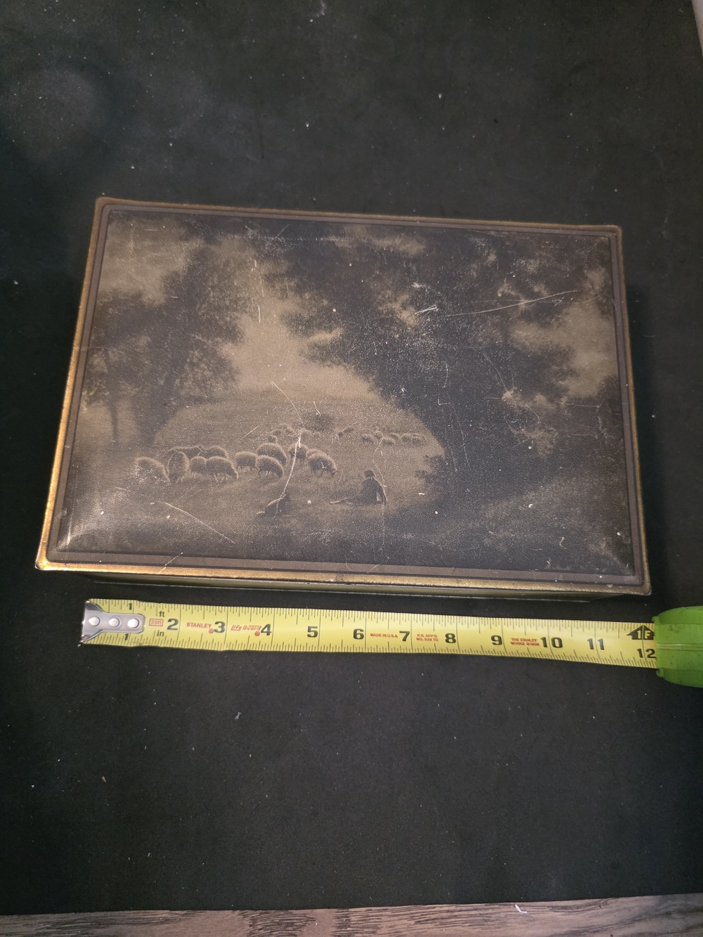 Vintage Metal Trinket Box with Pastoral Scene - Black and Gold
